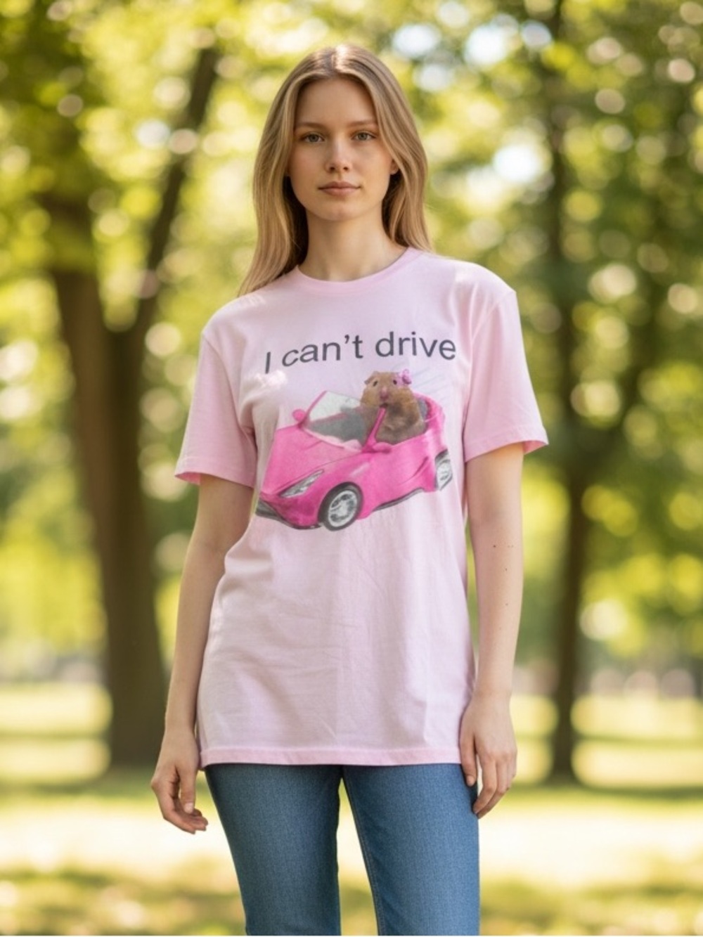 Goodie Two Sleeves Pink Hamster "I Can't Drive" Meme Graphic Tee Size M